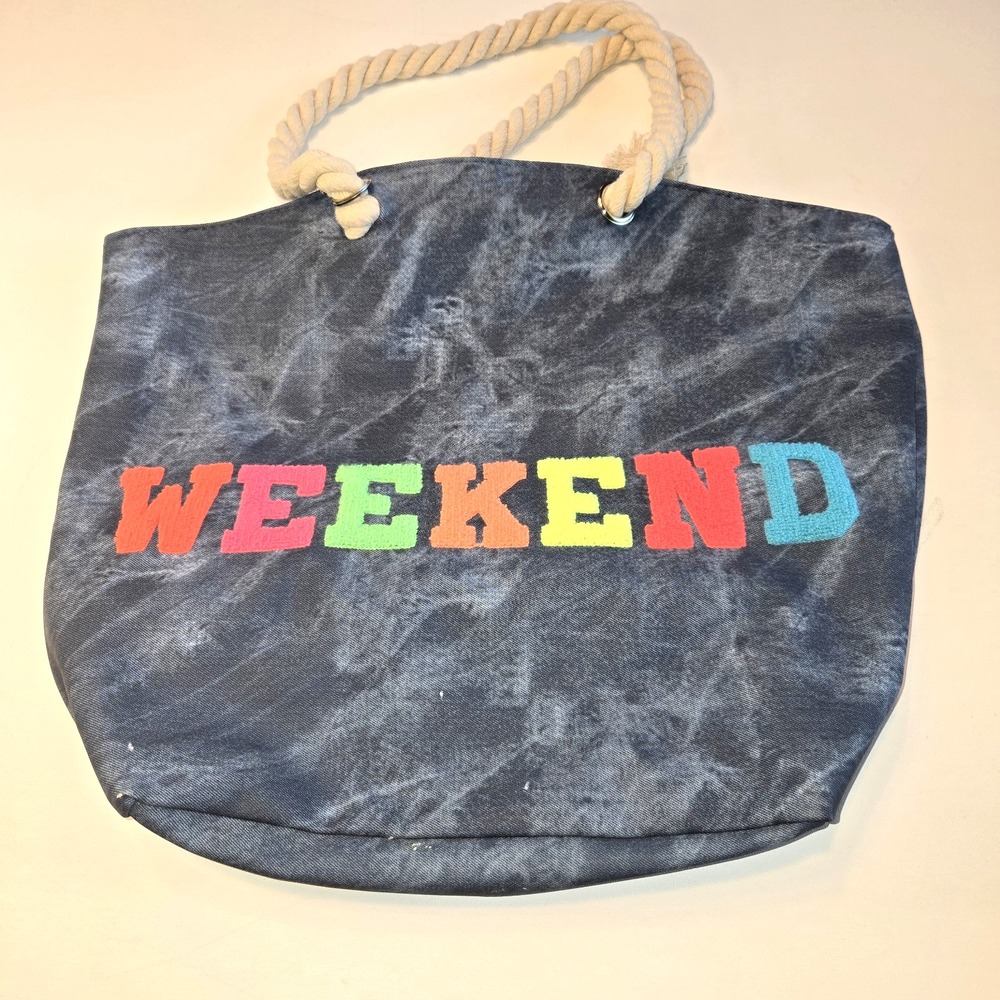 Large Tote Beach Bag Blue Denim Tie Dye with Rope Handles‎ and Fuzzy WEEKEND